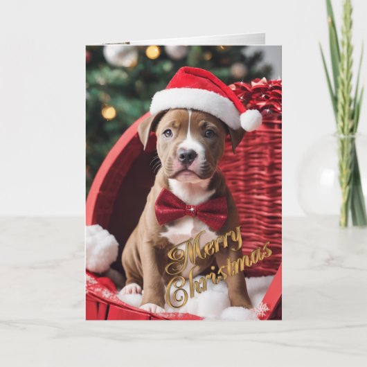Pit Bull Christmas puppy in een mand Feestdagen Kaart (Voorkant)