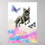 Pit Bull Dog Fantasy Waterverf Pop Art Poster<br><div class="desc">Dit is een grillige waterverf illustratie van een zwarte roofhond die uit de regenboogkleurige wolken springt. Er vliegen  vlinders rond de hond. Pop kunstontwerp voor hondenliefhebbers.</div>