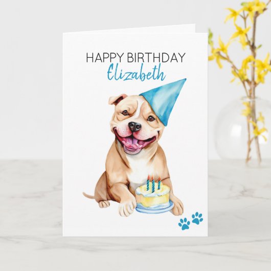 Pit Bull Dog gepersonaliseerd Gelukkige Verjaardag Kaart (Gele Bloem)