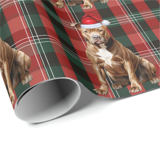 Pit Bull Dog Green en Red Holiday Plaid Kerstmis Cadeaupapier (Rol Hoek)