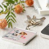 Pit Bull Dog Holding Roze verf Sleutelhanger (Zijkant)