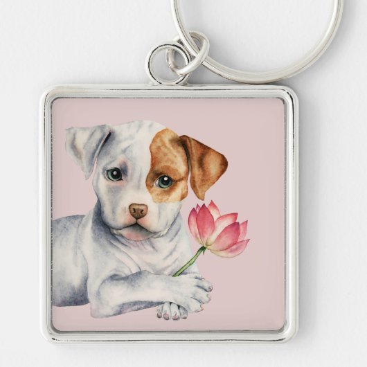 Pit Bull Dog Holding Roze verf Sleutelhanger (Voorkant)