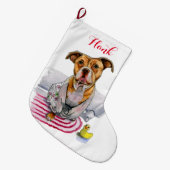 Pit Bull Dog in Bathrobe Waterverf op maat Grote Kerstsok (Voorkant (Hangend))