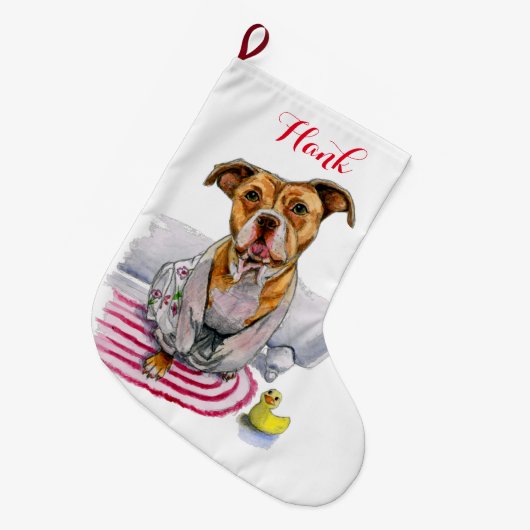 Pit Bull Dog in Bathrobe Waterverf op maat Grote Kerstsok (Voorkant (Hangend))