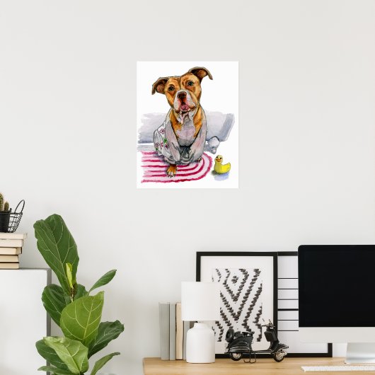 Pit Bull Dog in Bathrobe Waterverf Schilderen Poster (Thuiskantoor)