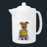 Pit Bull Dog in een Raincoat Illustratie Theepot<br><div class="desc">Dit is een waterverf schilderij van een hond in een gele regenjas en regenlaarzen. Hij heeft een enorme glimlach op zijn gezicht.</div>