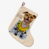 Pit Bull Dog in Rain Coat Waterverf Grote Kerstsok (Voorkant (Hangend))