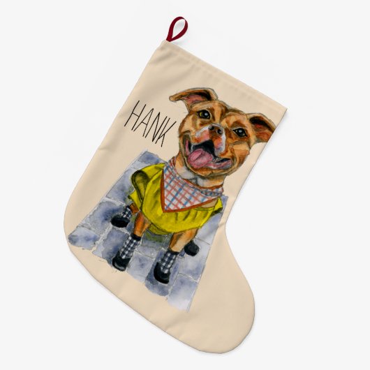 Pit Bull Dog in Rain Coat Waterverf Grote Kerstsok (Voorkant (Hangend))