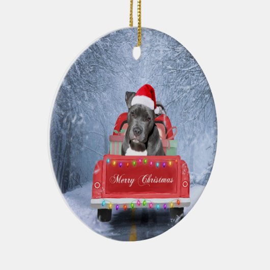 Pit Bull Dog in Snow, zittend met Kerstmis Keramisch Ornament (Rechts)