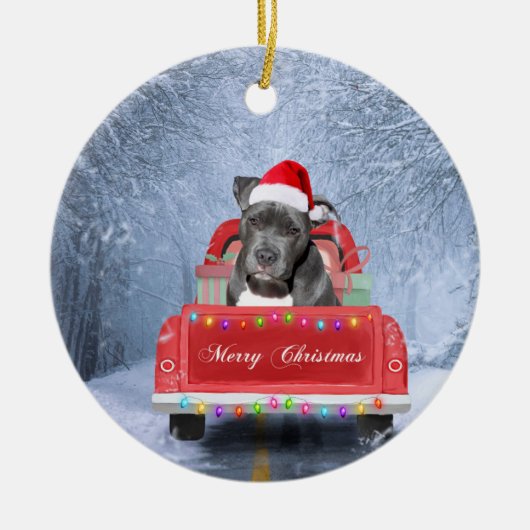 Pit Bull Dog in Snow, zittend met Kerstmis Keramisch Ornament (Voorkant)