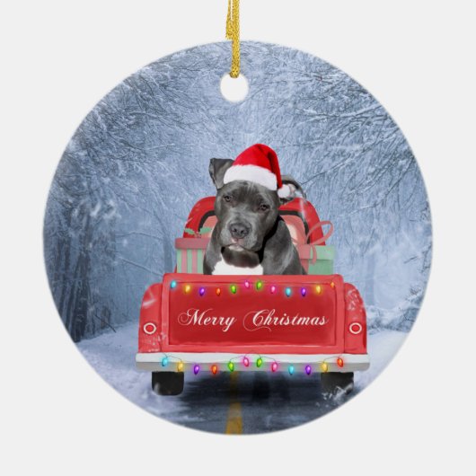 Pit Bull Dog in Snow, zittend met Kerstmis Keramisch Ornament (Achterkant)