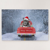 Pit Bull Dog in Snow, zittend met Kerstmis Legpuzzel (Horizontaal)