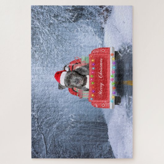 Pit Bull Dog in Snow, zittend met Kerstmis Legpuzzel (Verticaal)