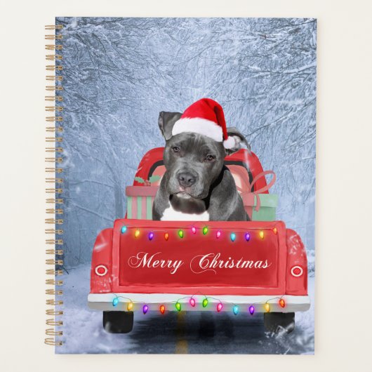 Pit Bull Dog in Snow, zittend met Kerstmis Planner (Voorkant)