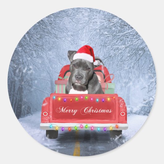 Pit Bull Dog in Snow, zittend met Kerstmis Ronde Sticker (Voorkant)