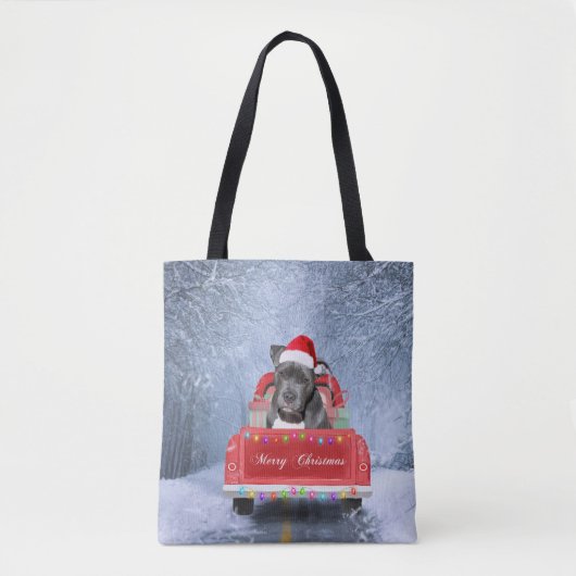 Pit Bull Dog in Snow, zittend met Kerstmis Tote Bag (Voorkant)