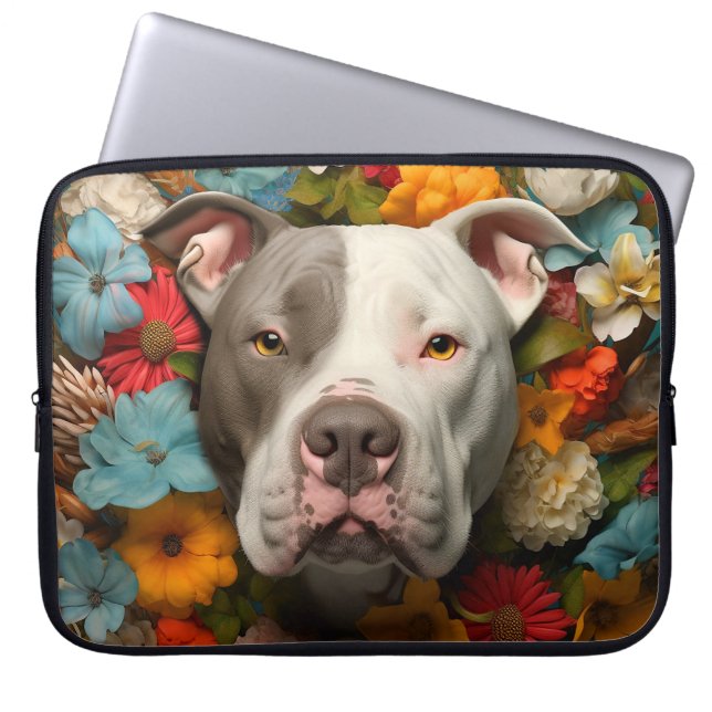 Pit Bull Dog Laptoptas met kleurrijke bloemen Laptop Sleeve (Voorkant)