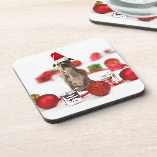 Pit Bull Dog met cadeaudoos en kerstversieringen Drankjes Onderzetter (Linkerzijde)