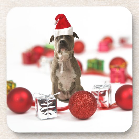 Pit Bull Dog met cadeaudoos en kerstversieringen Drankjes Onderzetter (Voorkant)