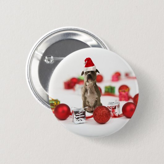Pit Bull Dog met cadeaudoos en kerstversieringen Ronde Button 5,7 Cm (Voorkant /achterkant)