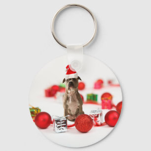 Pit Bull Dog met cadeaudoos en kerstversieringen Sleutelhanger