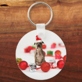 Pit Bull Dog met cadeaudoos en kerstversieringen Sleutelhanger (Voorkant)