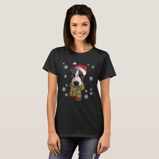 Pit Bull Dog Met Sjaal En Kerstman Hoed Kerstmis T-shirt (Voorkant volledig)