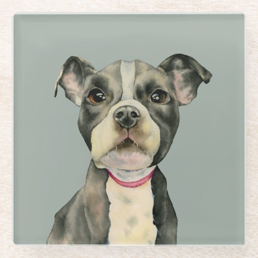 Pit Bull Dog Waterverf Painting Glazen Onderzetter (Voorkant)