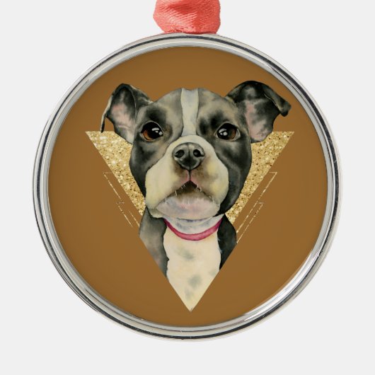 Pit Bull Dog Waterverf Schilderen 3 Metalen Ornament (Voorkant)