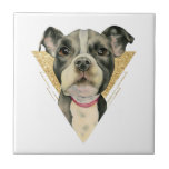 Pit Bull Dog Waterverf Schilderen 3 Tegeltje<br><div class="desc">Dit is een schilderij van de waterverf van een zwarte en witte pit-stip. Het is een close-up van de hond met grote hoopvolle ogen. Ik voegde een driehoekslijst toe aan de achtergrond van faux gold glitter.</div>
