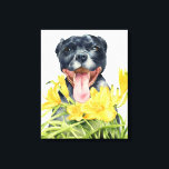 Pit Bull Dog Waterverf Schilderen, Fine Art Canvas Afdruk<br><div class="desc">Dit is een waterverf schilderij van een zwarte pitbull dog met een enorme glimlach op haar gezicht achter Stella d’Oro Daylily. Elegant schilderij voor hondenliefhebbers.</div>