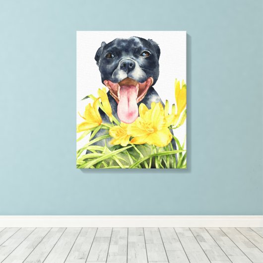 Pit Bull Dog Waterverf Schilderen, Fine Art Canvas Afdruk (Insitu (Houten vloer))