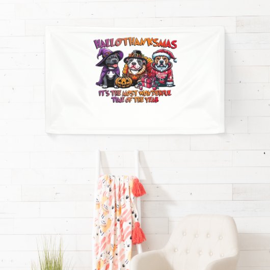 Pit Bull Halloween Thanksgiving Kerstklassieker Spandoek (Insitu)