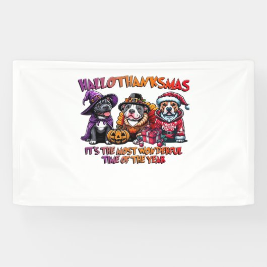 Pit Bull Halloween Thanksgiving Kerstklassieker Spandoek (Horizontaal)
