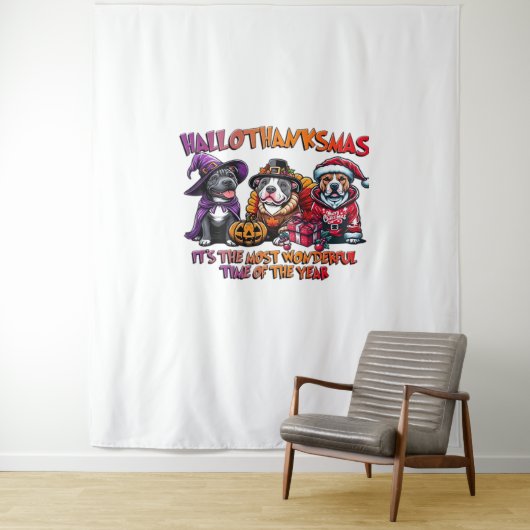 Pit Bull Halloween Thanksgiving Kerstklassieker Wandkleed (In situ)