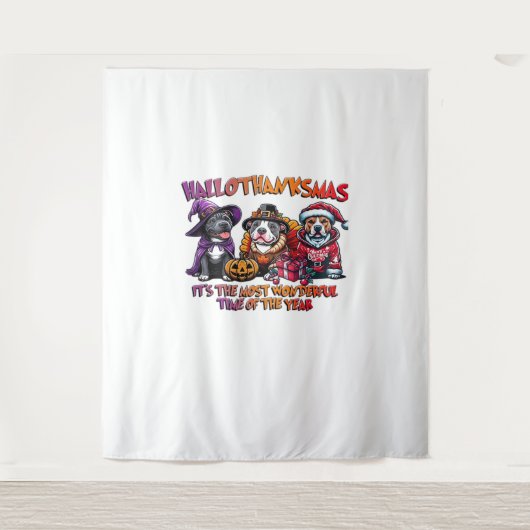 Pit Bull Halloween Thanksgiving Kerstklassieker Wandkleed (Voorkant)