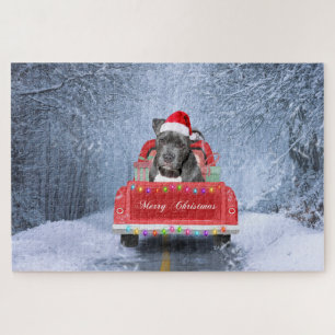 Pit Bull-hond in de sneeuw zittend in een Kersttru Legpuzzel