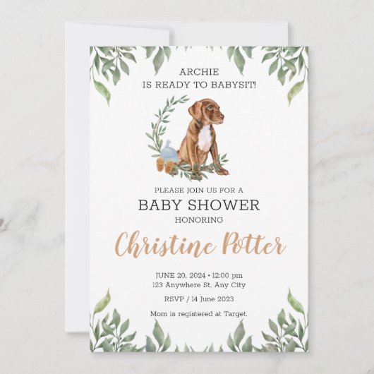 Pit bull Puppy Brown Boho Greenery Baby shower Kaart (Voorkant)