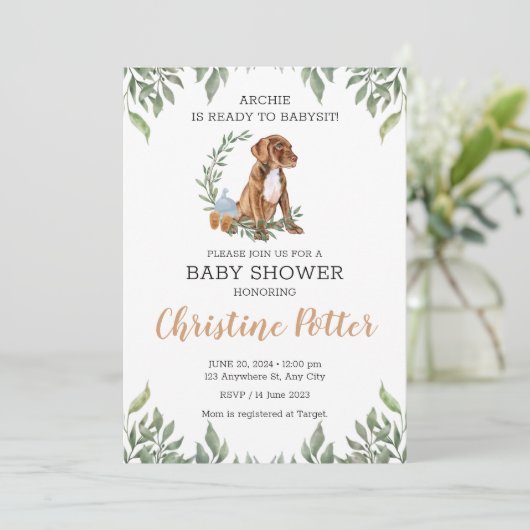 Pit bull Puppy Brown Boho Greenery Baby shower Kaart (Staand voorkant)