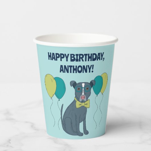 Pit Bull Puppy Dog Wearing Glasses with Balloons Papieren Bekers (Achterkant)