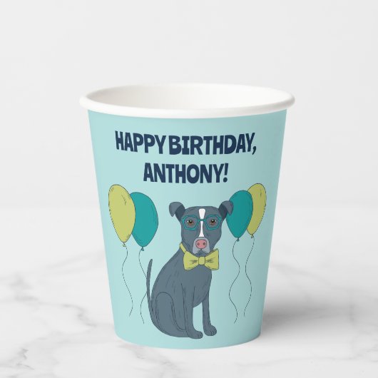 Pit Bull Puppy Dog Wearing Glasses with Balloons Papieren Bekers (Voorkant)