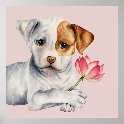Pit Bull Puppy Holding Lotus Flower Painting Poster (Voorkant)