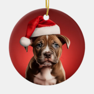 Pit Bull Puppy in Santa Hat Keramisch Ornament