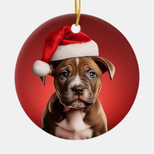 Pit Bull Puppy in Santa Hat Keramisch Ornament (Voorkant)