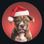 Pit Bull Puppy in Santa Hat Ronde Sticker<br><div class="desc">Schattige pitbull (American Staffordshire Terrier) puppy in een kerstmuts op prachtige stickers.</div>
