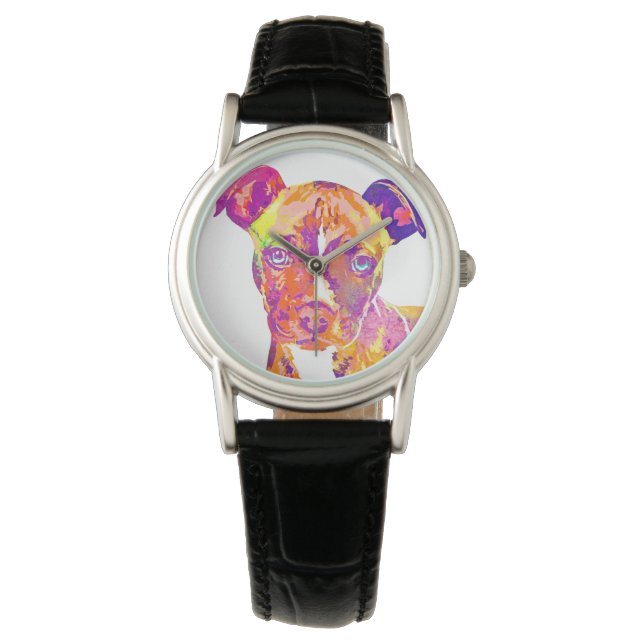 Pit Bull Puppy Pop Art Waterverf Horloge (Voorkant)