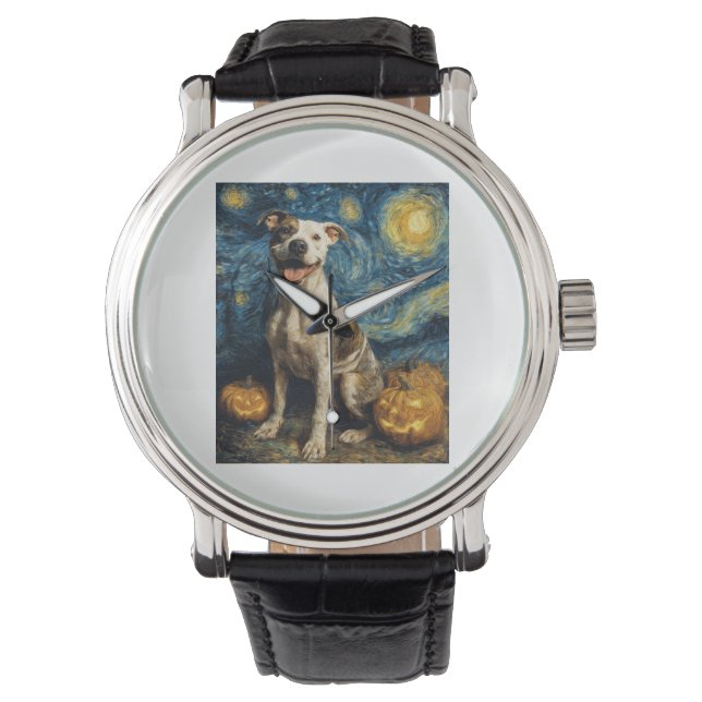 Pit Bull Schattige Hond Halloween Jack O Lantern P Horloge (Voorkant)