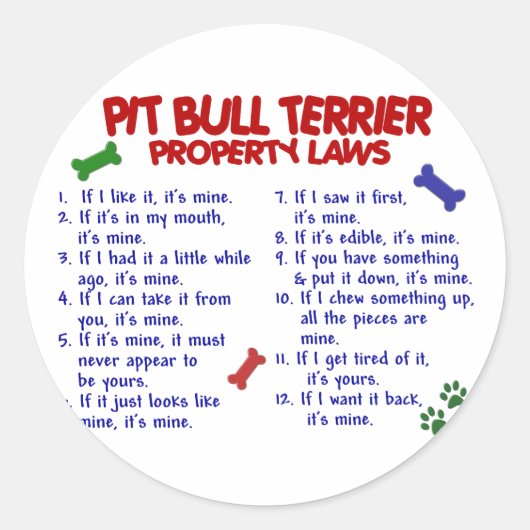 PIT BULL TERRIER Property Laws 2 Ronde Sticker (Voorkant)