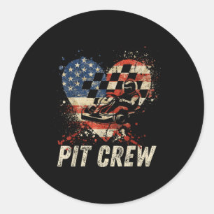 Pit Crew Geruite Auto Racing Hart Usa Vlag Familie Ronde Sticker