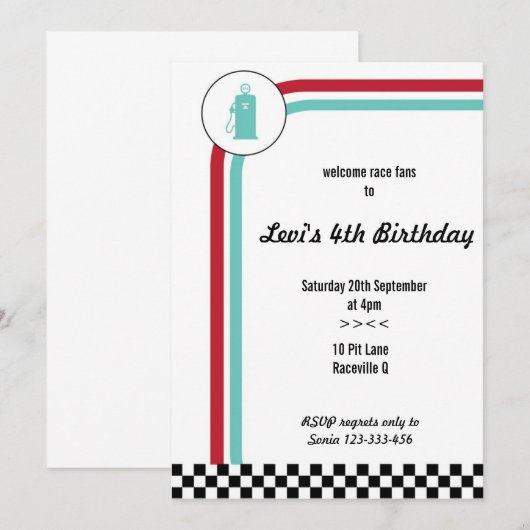 Pit Lane Racing Car Birthday Uitnodiging (Voorkant / Achterkant)